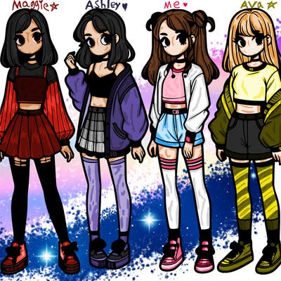 one girl with crop-top shirt and a jacket with a skirt, long socks and another girl with a shirt and pants with a jacket