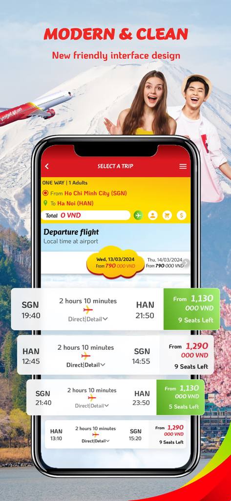 ベトジェットエアのモバイルアプリのインターフェース。ホーチミン市からハノイまでのフライトオプションが、価格と出発時刻とともに表示されています。
