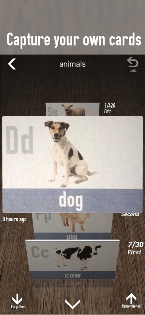 mem - Mobile interface of the mem app displaying a 3D stack of animal flashcards with options to mark cards as remembered or forgotten