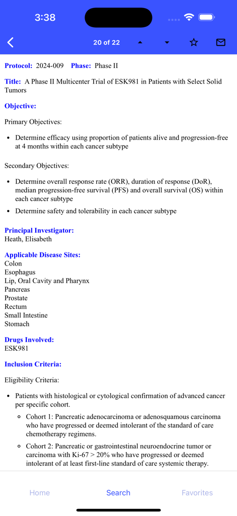Detailed view of a Phase II clinical trial protocol in the KCI Trials app including objectives and inclusion criteria