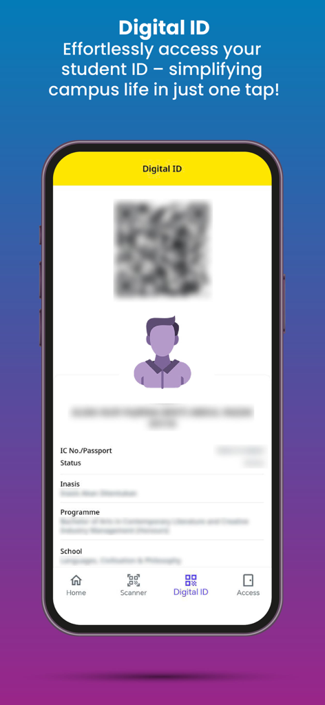 Tela de smartphone exibindo o recurso de Identificador Digital do aplicativo UUM Student 2.0 com detalhes do perfil do estudante e um código QR.