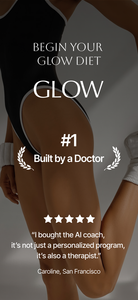 Glow Diet weight loss app promotional screen with doctor built seal and user testimonial