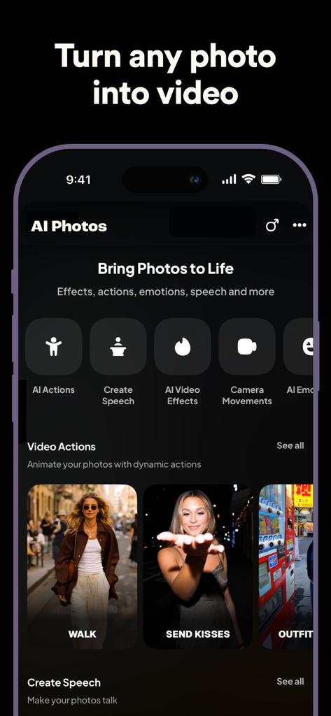 AI Photos - AI Photo Generator - App interface for turning photos into videos using AI animation effects like walking and talking