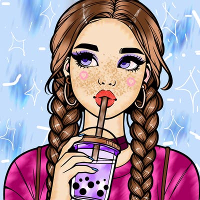 realistic girl with braided hair drinking boba