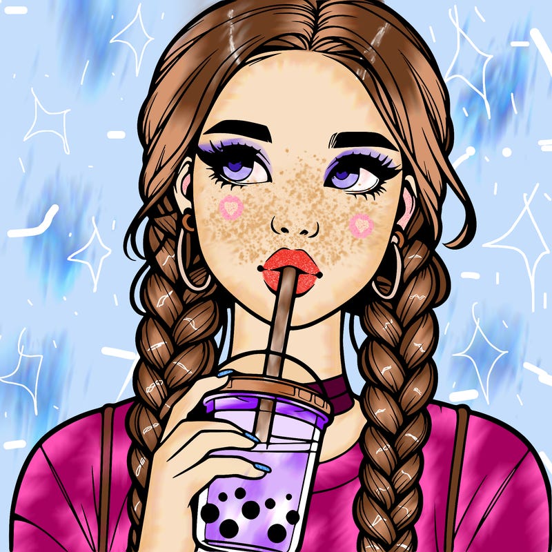 realistic girl with braided hair drinking boba