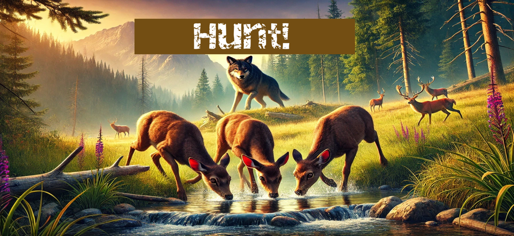 Wolf Simulator - Family Sim - A wolf prepares to hunt deer drinking at a river in a realistic forest environment