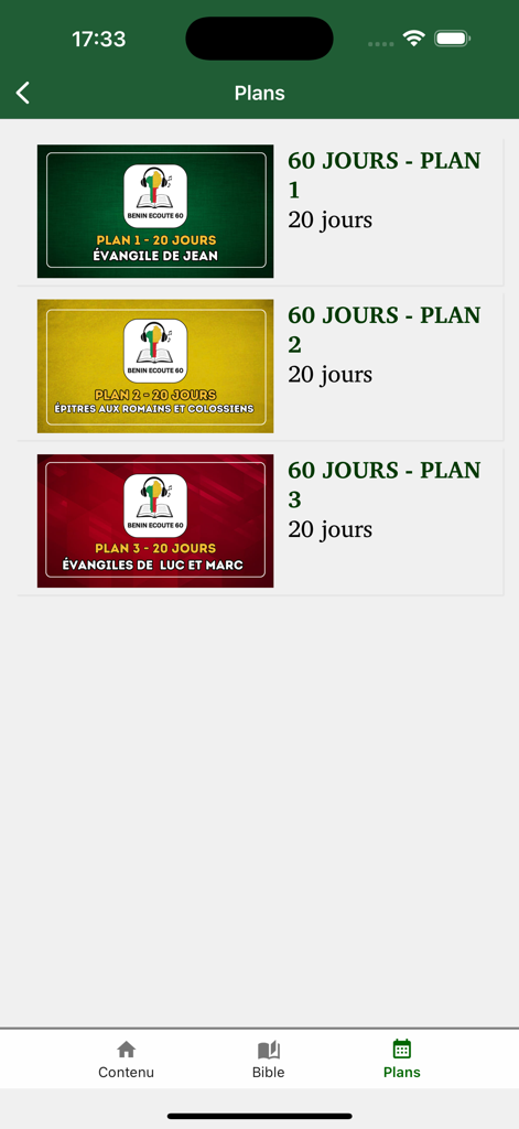 Benin Bible - Interface of the Benin Bible app showing various 60-day scripture reading plans including the Gospel of John and the Epistles.