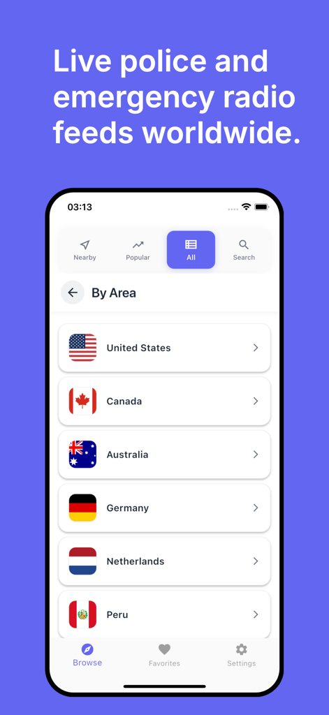 Interface of the Police Scanner app showing a list of countries for live emergency radio feeds including the US and Canada.