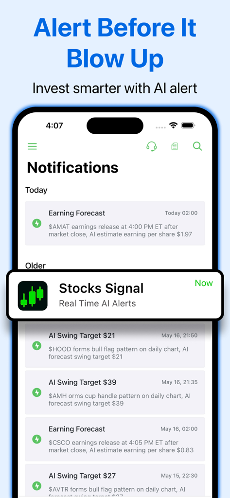 Stock Scanner Screener AI - Alertas y notificaciones del mercado de acciones impulsadas por IA en tiempo real en una interfaz de aplicación móvil