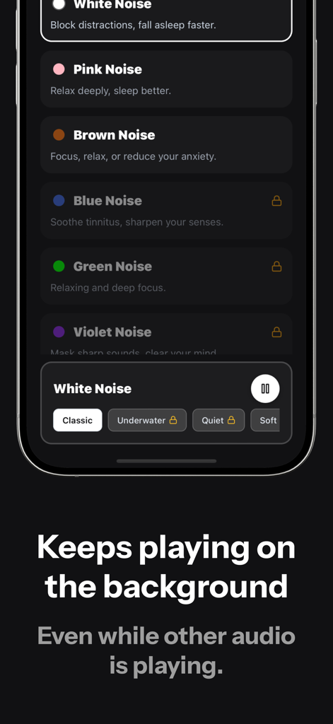 User interface of the White Noise app showing colored noise options and background playback functionality