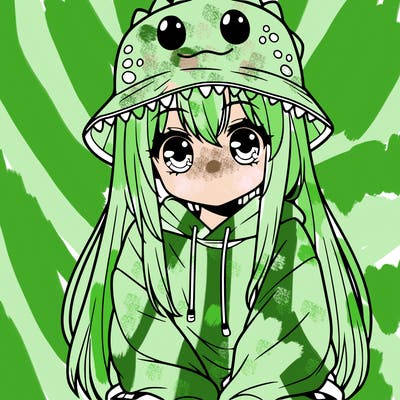 girl with anime shaped eyes with a dinosaur bucket hat oversized sweatshirt long straight hair