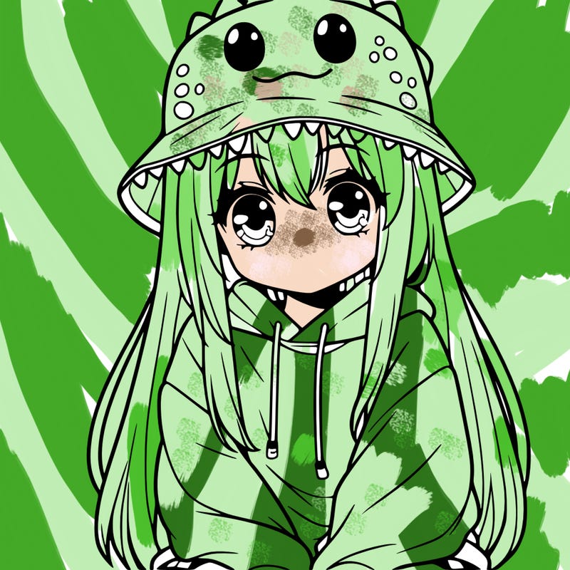 girl with anime shaped eyes with a dinosaur bucket hat oversized sweatshirt long straight hair