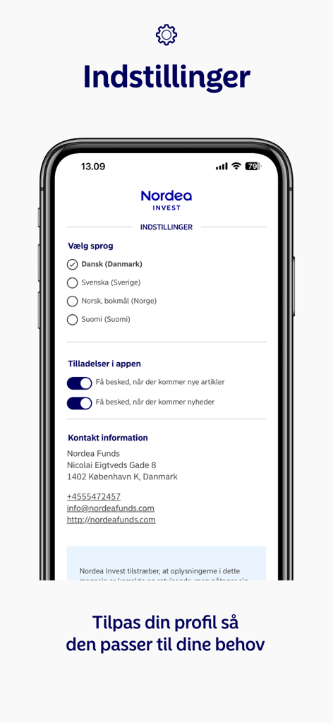 Settings screen of the MyFunds app showing options for language selection and notification permissions.