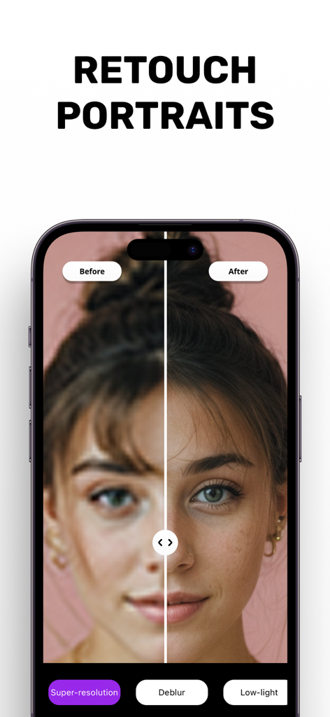Comparación en pantalla dividida que muestra un retrato borroso antes y un retrato nítido retocado después de usar la superresolución de Goru AI