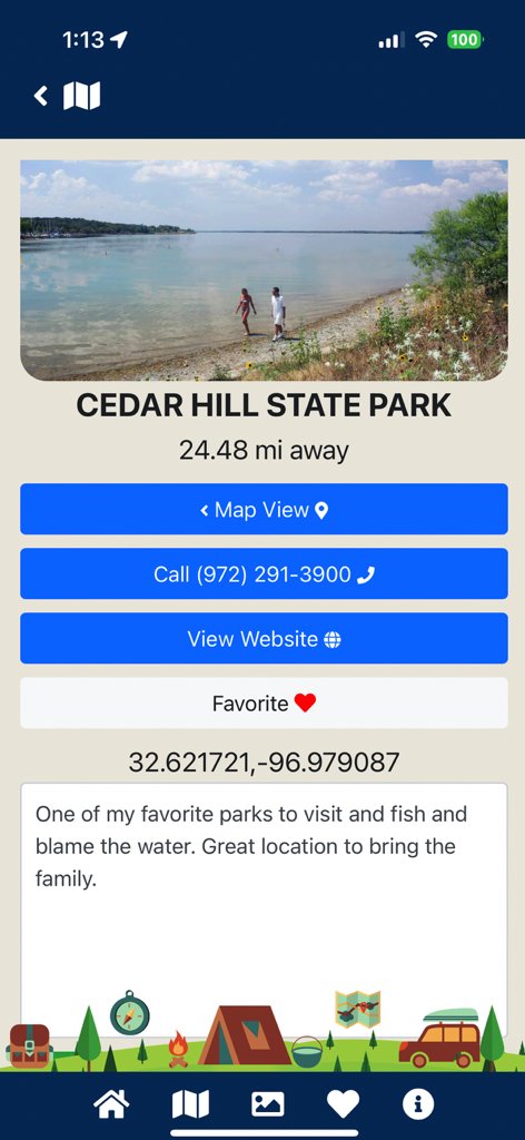 TX State Parks - Screenshot of the TX State Parks app showing the detail page for Cedar Hill State Park with contact info and distance
