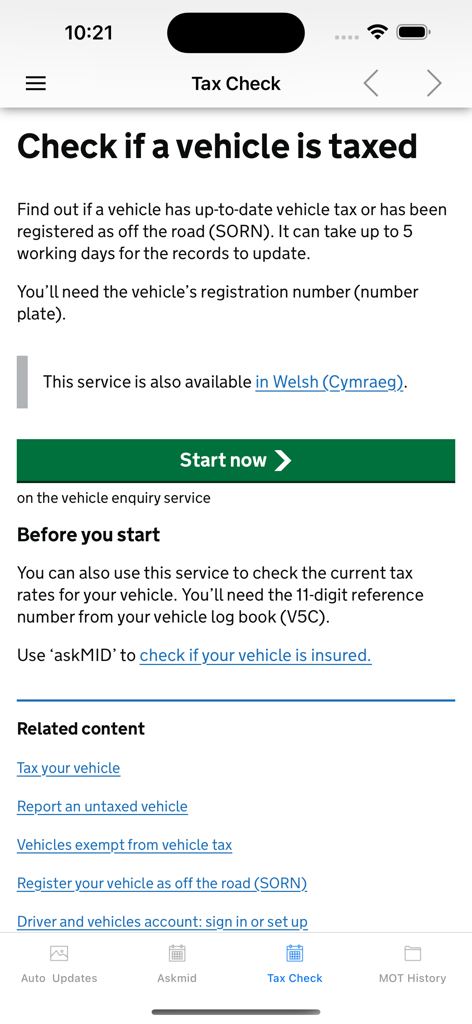Pantalla de la aplicación MOT Check UK para comprobar el estado de los impuestos del vehículo con instrucciones y un botón de inicio
