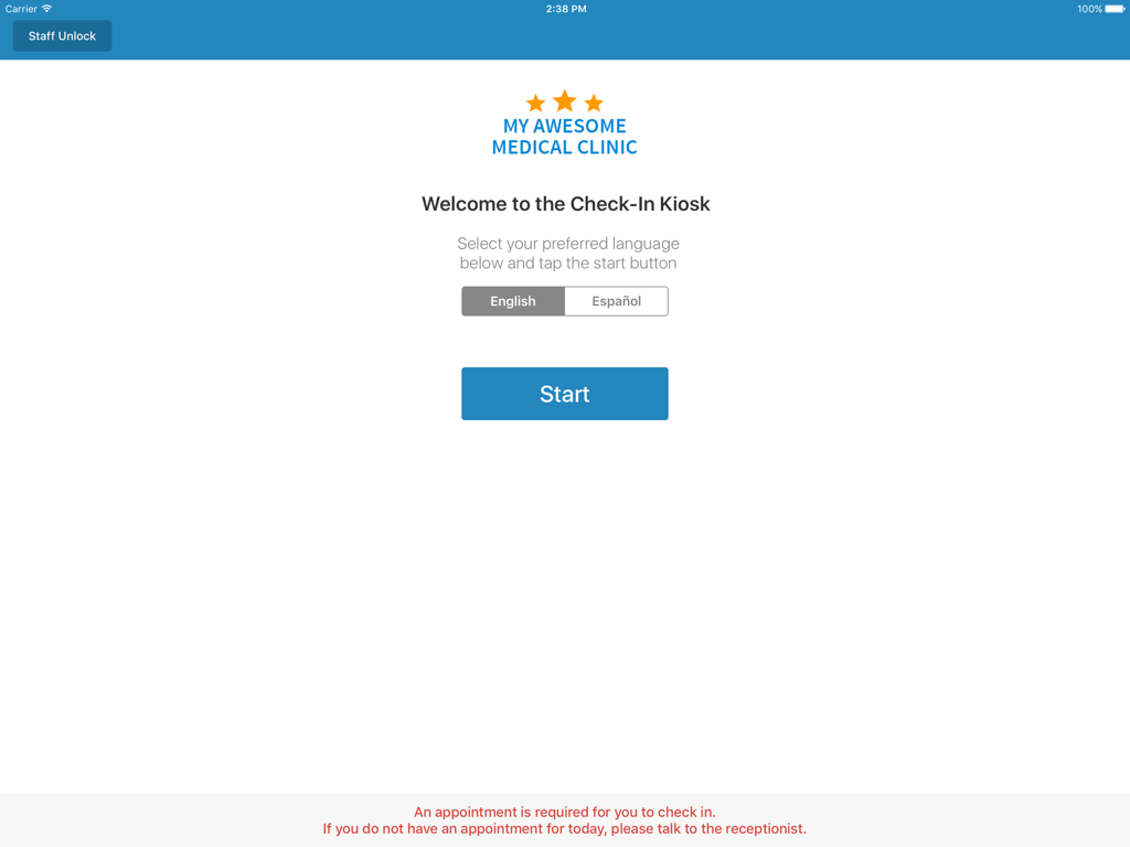 Welcome screen for DrChrono Patient Check-In kiosk on iPad showing language selection and start button