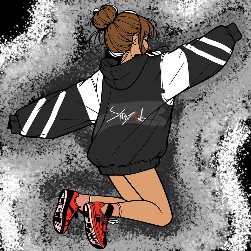 realistic girl jumping with a bun and oversized sweatshirt