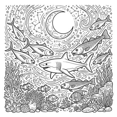Explore the enchanting depths of the ocean at night with this unique coloring page featuring a variety of saltwater fish. From majestic sharks to playful clownfish, discover a magical underwater world illuminated by the moon and stars.