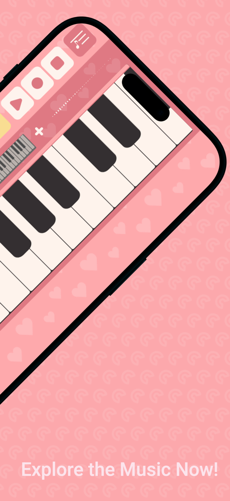 Pink digital piano keyboard interface with heart decorations and recording controls for girls.