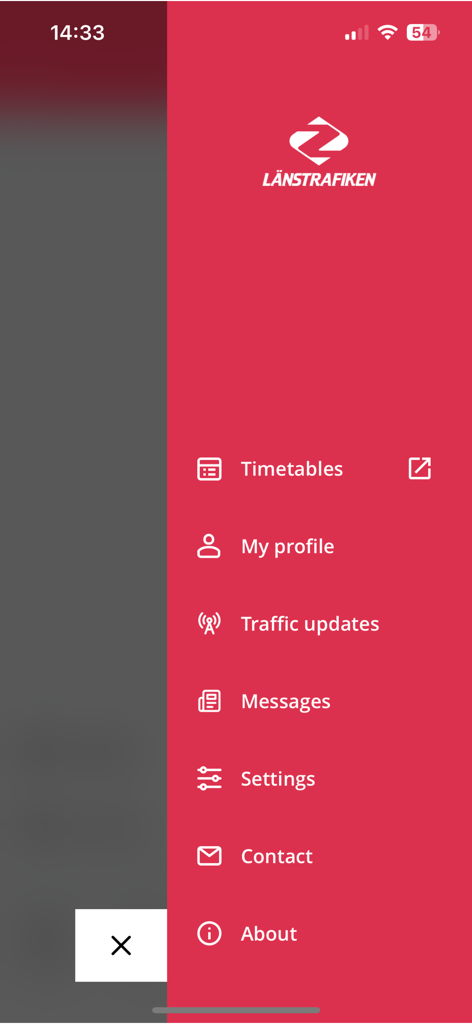 Länstrafiken Jämtland - The navigation side menu of the Länstrafiken Jämtland app featuring sections for timetables, profile, traffic updates, and settings.