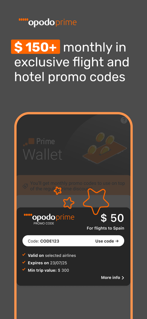 Opodo: Flights, hotels, cars - Códigos promocionales mensuales exclusivos de vuelos y hoteles en la aplicación Opodo Prime