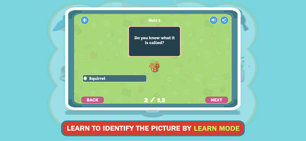 Guess The Picture For Kids App - A kids educational trivia quiz interface showing a squirrel picture and name