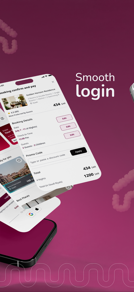 Homa‎ - Interfaz de la aplicación Homa que muestra una página de confirmación de reserva y opciones de inicio de sesión