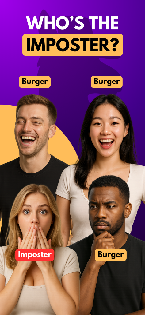 Imposter Game: Party Word Game - 1人がインポスターとして特定されているソーシャルディダクションゲームの4人のプレイヤー