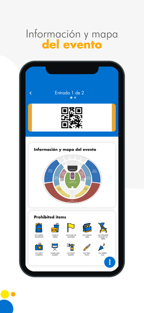 Tuboleta Pass app showing a digital ticket QR code, venue map, and prohibited items list