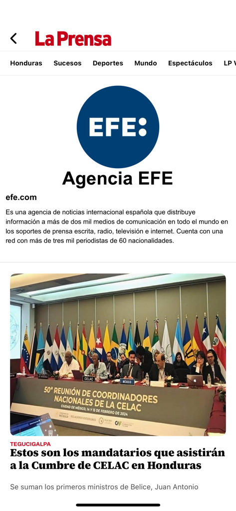 Diario La Prensa Honduras - La Prensa Honduras app interface showing news about the CELAC summit and international news agency EFE.