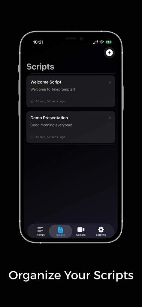 Teleprompter: Pro For Videos - Captura de pantalla de iPhone que muestra la biblioteca de guiones y la función de organización de la aplicación Teleprompter Pro