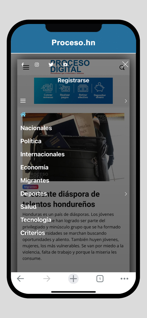 Das Hauptmenü der Proceso Digital App mit Nachrichtenbereichen für Honduraner.