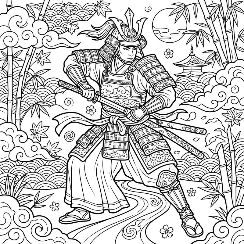 Embark on a creative journey with this captivating coloring page featuring a legendary Kensei, a master Japanese swordsman. This intricately detailed illustration offers a unique opportunity to bring an iconic warrior to life with your favorite colors.