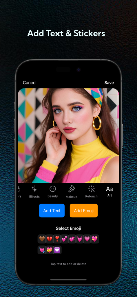 AI Photos Editor+ - AI Photos Editor+ app screen for adding custom text and emojis to photos