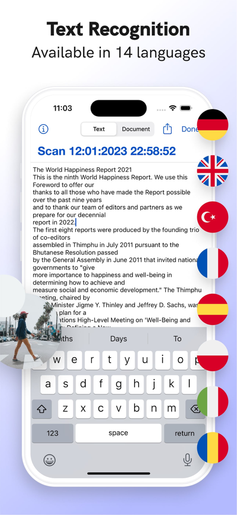 DocSignアプリのインターフェースで、テキスト認識と多言語サポートが国旗とともに表示されている様子