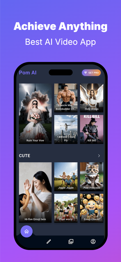 Pom AIモバイルアプリのインターフェース。クリエイティブなAI動画テンプレートとカテゴリのギャラリーが表示されています。
