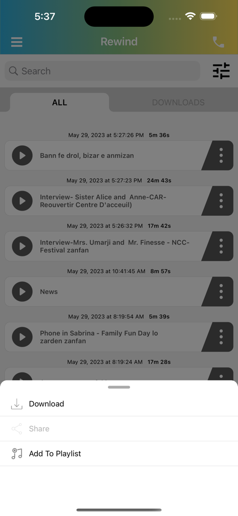 SBC Radio - SBC Radio app Rewind section displaying archived audio segments and download options