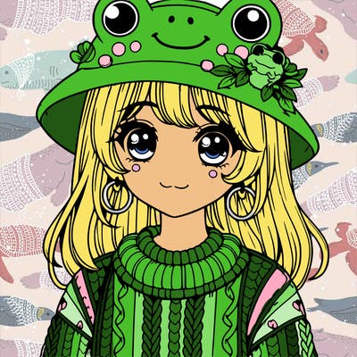 realistic girl wearing frog sweater and a frog hat with frog earrings