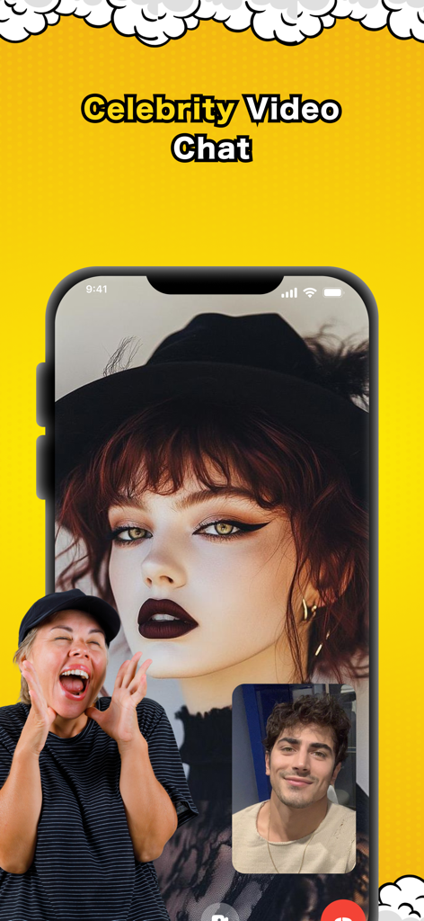 Prankify: Funny Call & Sound - Smartphone displaying a realistic fake celebrity video call on the Prankify app with a woman reacting excitedly