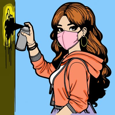 realistic girl with mask spray painting a wall