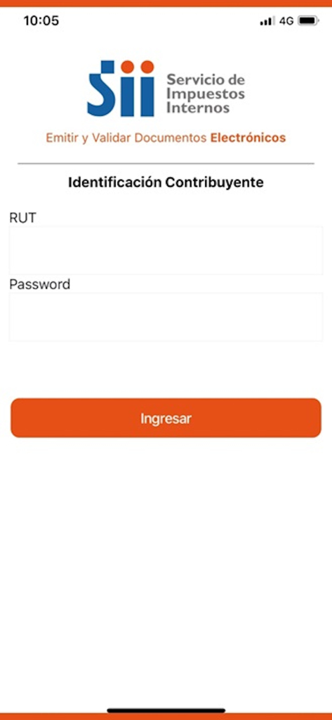 Pantalla de inicio de sesión de la aplicación móvil e-Factura para la identificación del contribuyente chileno con campos de entrada para RUT y contraseña
