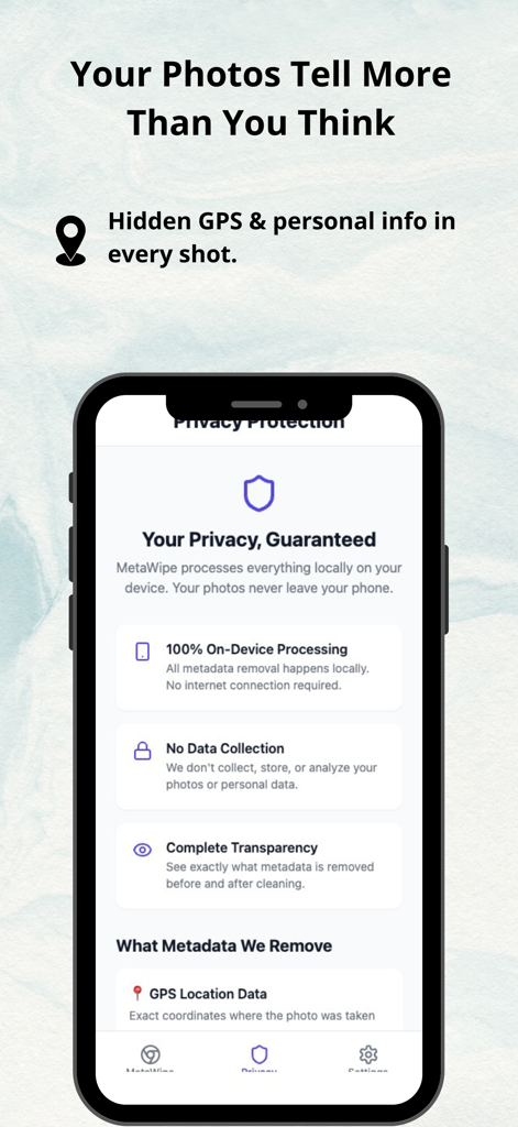 Screenshot dell'app MetaWipe Pro Privacy che evidenzia l'elaborazione sul dispositivo e le funzionalità di rimozione dei metadati per la sicurezza delle foto.