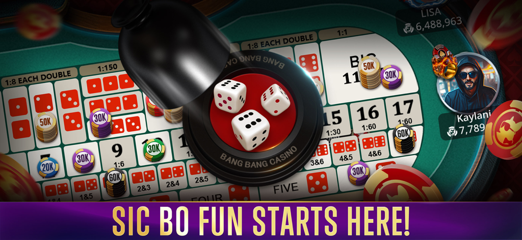 Lucky Bang: Online Casino - Mesa de Sic Bo de casino online Lucky Bang con dados y fichas de apuestas