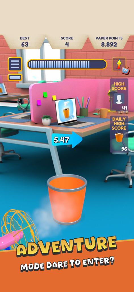 Paper Toss + - Jugabilidad de Paper Toss Plus mostrando una papelera en un entorno de oficina con un indicador de velocidad del viento y texto del modo aventura.