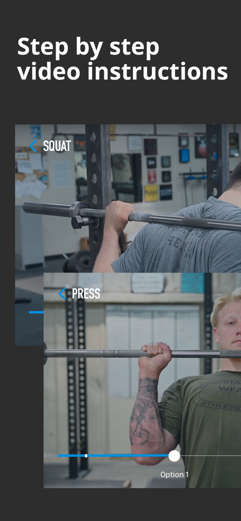 Step-by-step video instructions for barbell squat and overhead press exercises in the Starting Strength app.