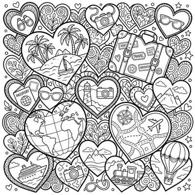 Get ready for a journey of creativity with this delightful coloring page featuring paper hearts filled with vacation adventures. Discover intricate designs of globes, suitcases, and tropical scenes, all waiting for your artistic touch.