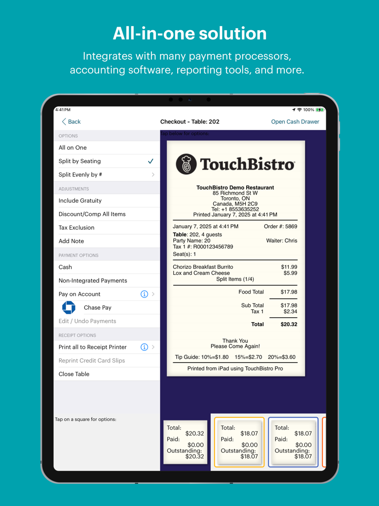 TouchBistro iPad POS app displaying the checkout interface with split bill options and payment integration features