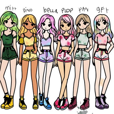 a group of girls wearing crop tops and shorts