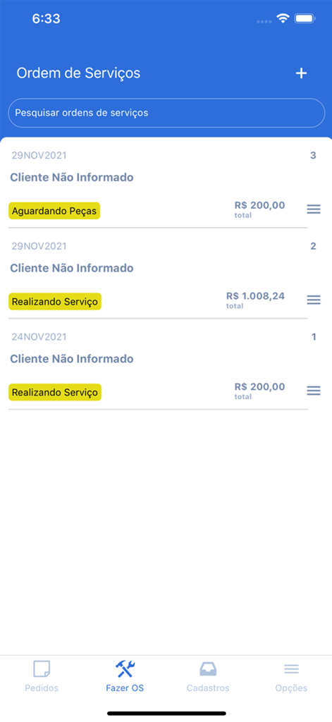 A mobile app interface showing a list of service orders with status labels and pricing details